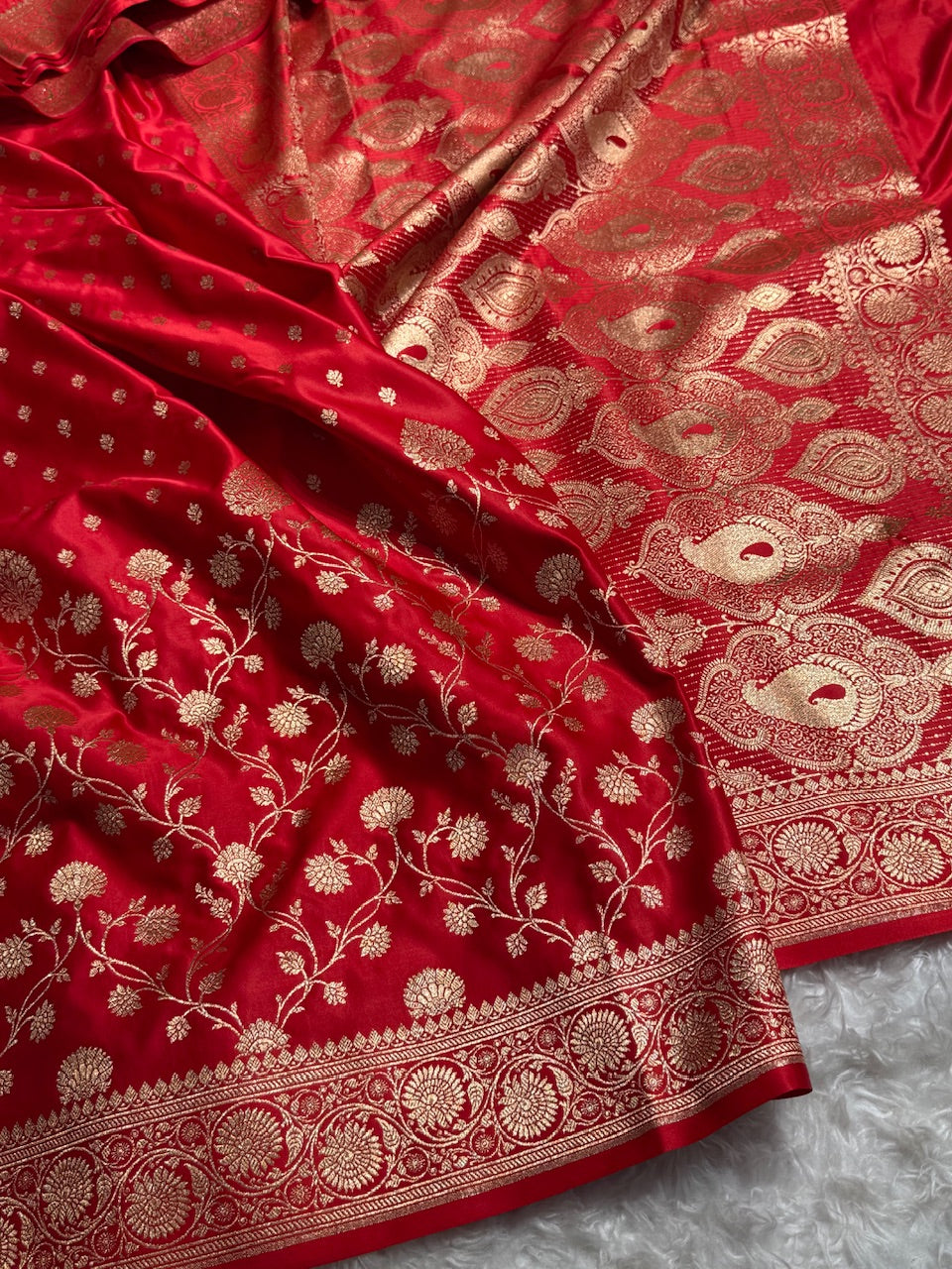Red Banarasi Jaal Katan Silk Saree