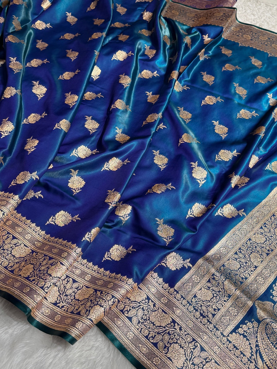 Satin Silk Saree Floral Boota in Peacock Shades SS26