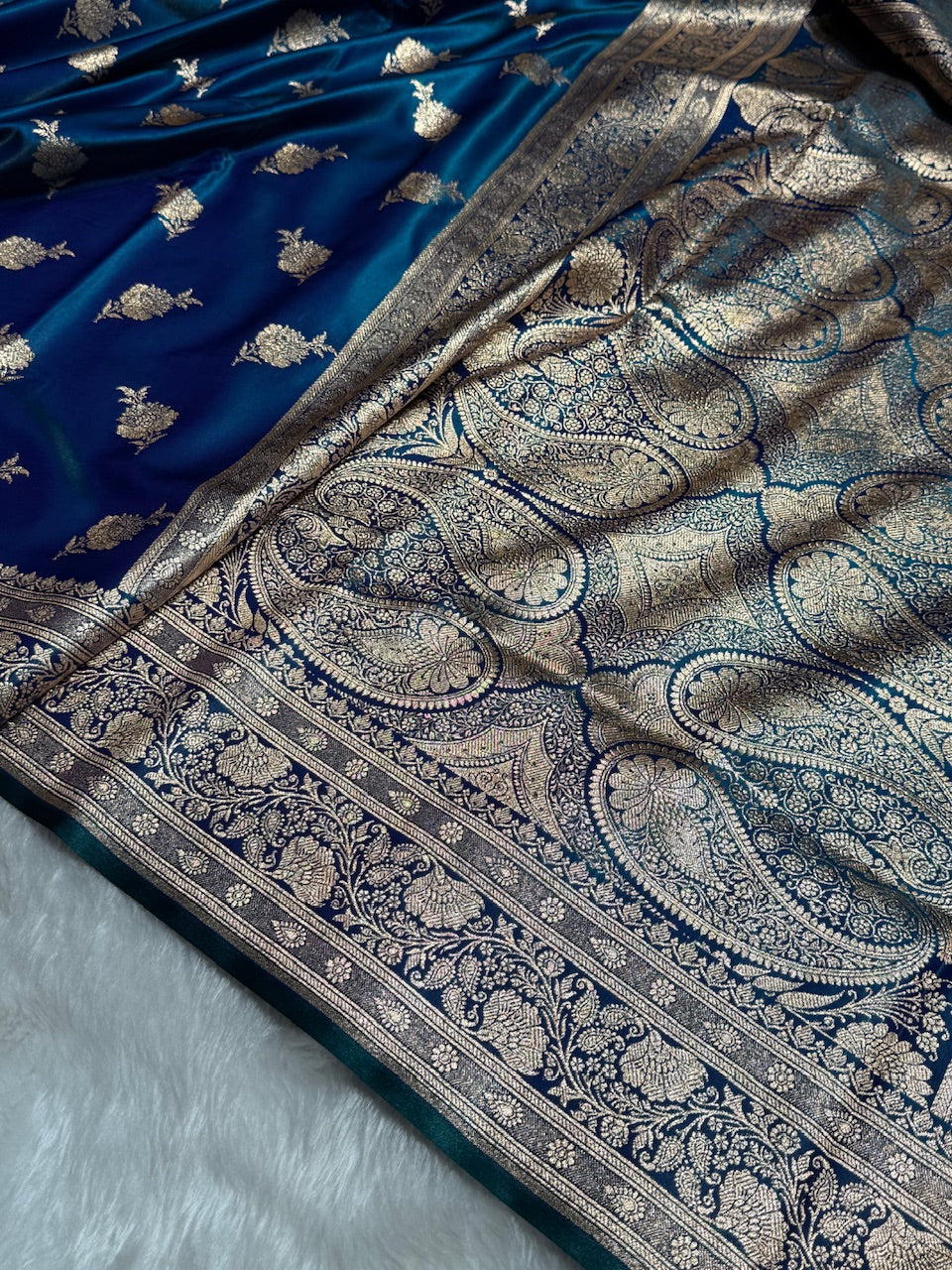 Satin Silk Saree Floral Boota in Peacock Shades SS26