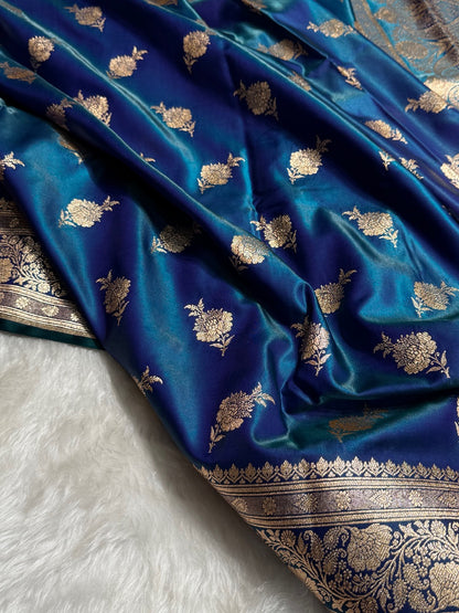 Satin Silk Saree Floral Boota in Peacock Shades SS26