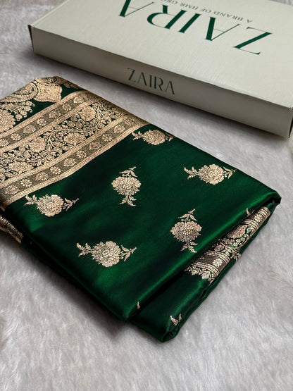 Satin Silk Saree Floral Boota in Bottle Green Shades SS26