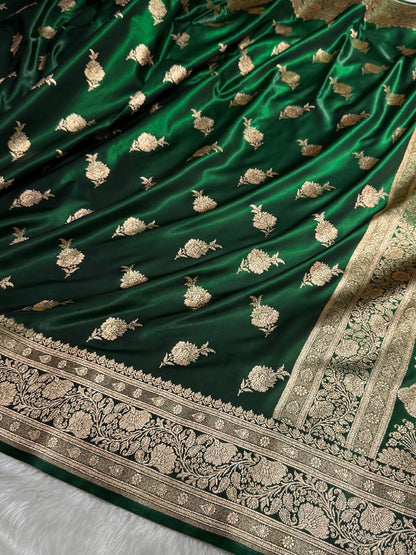 Satin Silk Saree Floral Boota in Bottle Green Shades SS26