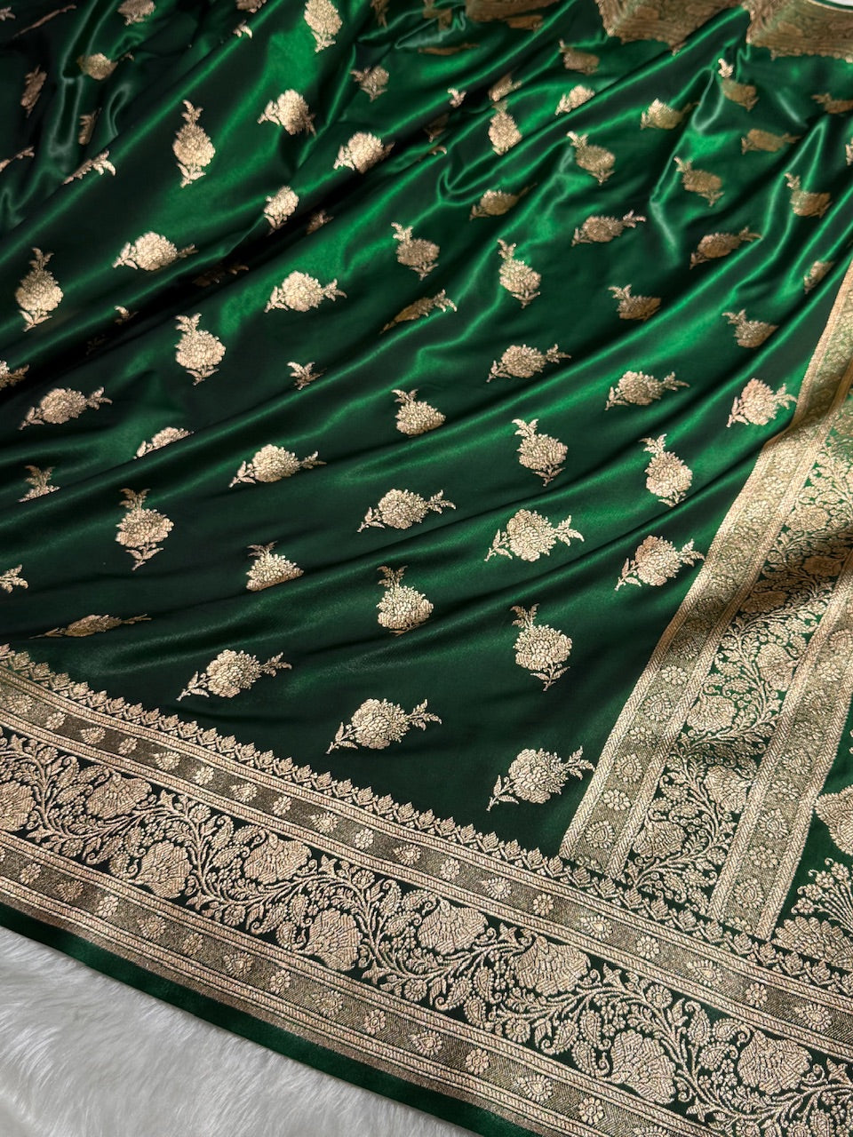 Satin Silk Saree Floral Boota in Bottle Green Shades SS26