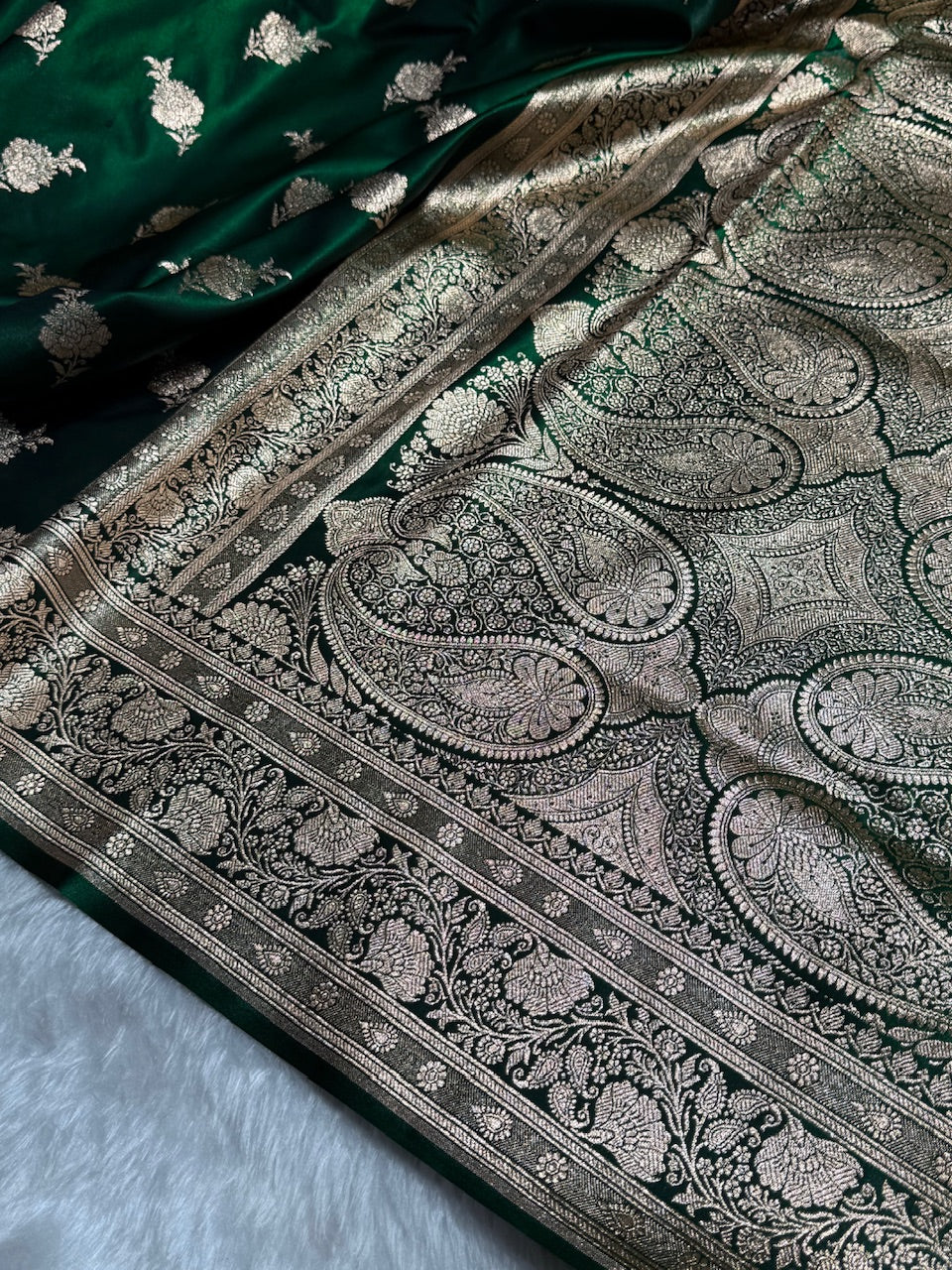 Satin Silk Saree Floral Boota in Bottle Green Shades SS26