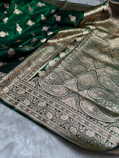 Satin Silk Saree Floral Boota in Bottle Green Shades SS26