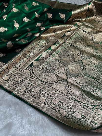 Satin Silk Saree Floral Boota in Bottle Green Shades SS26