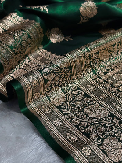 Satin Silk Saree Floral Boota in Bottle Green Shades SS26