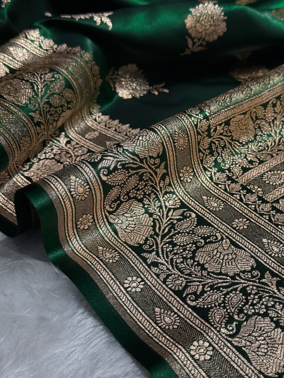 Satin Silk Saree Floral Boota in Bottle Green Shades SS26