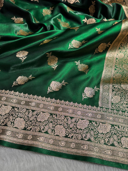 Satin Silk Saree Floral Boota in Bottle Green Shades SS26