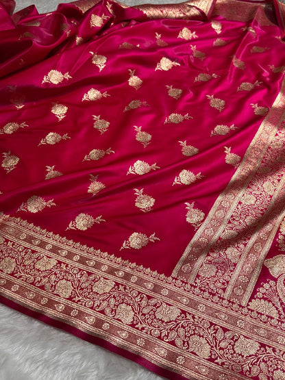 Satin Silk Saree Floral Boota in Rani Shades SS26