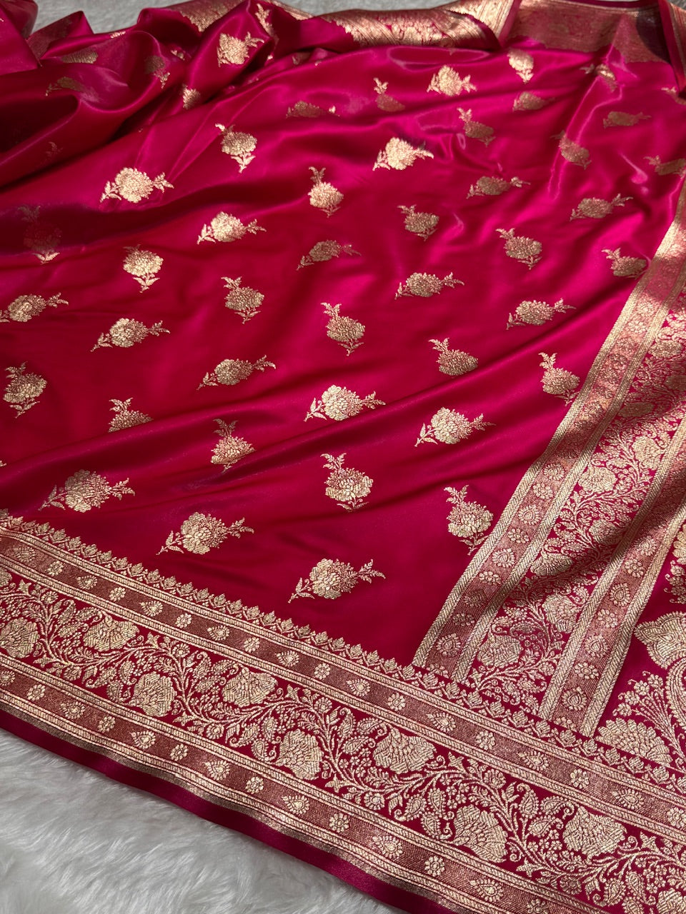 Satin Silk Saree Floral Boota in Rani Shades SS26