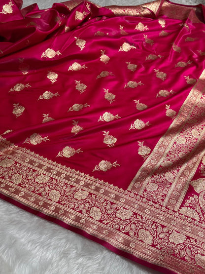 Satin Silk Saree Floral Boota in Rani Shades SS26