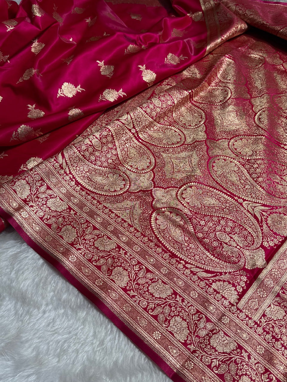 Satin Silk Saree Floral Boota in Rani Shades SS26
