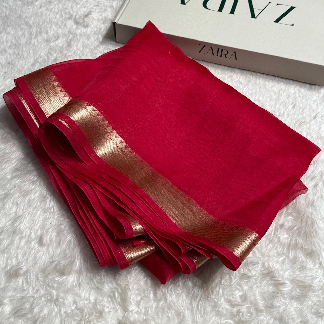 Pure Organza Blud Red Banarasi Silk Saree