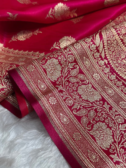 Satin Silk Saree Floral Boota in Rani Shades SS26