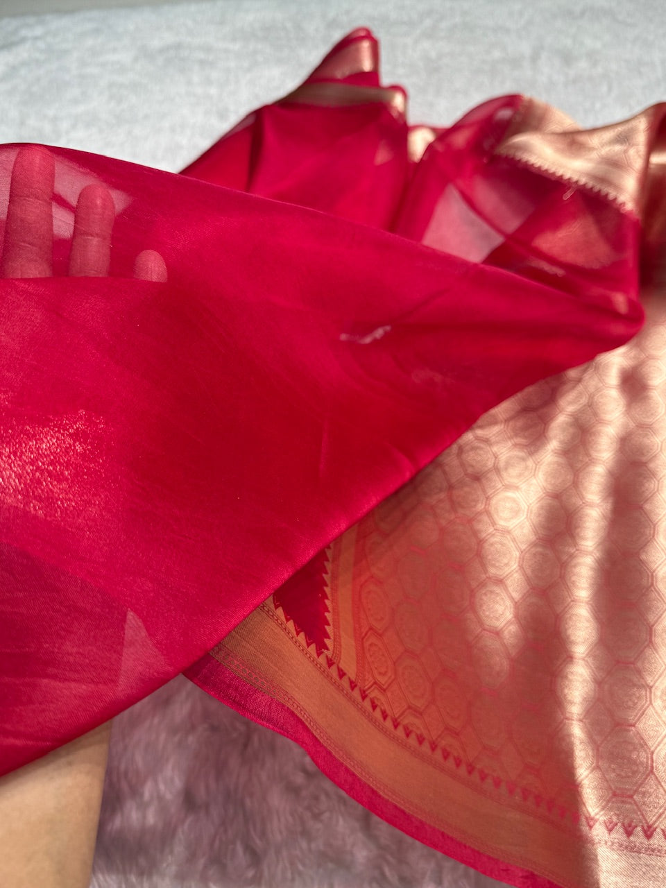 Pure Organza Blud Red Banarasi Silk Saree