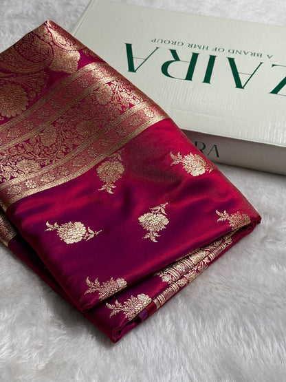 Satin Silk Saree Floral Boota in Magenta Red Shades SS26