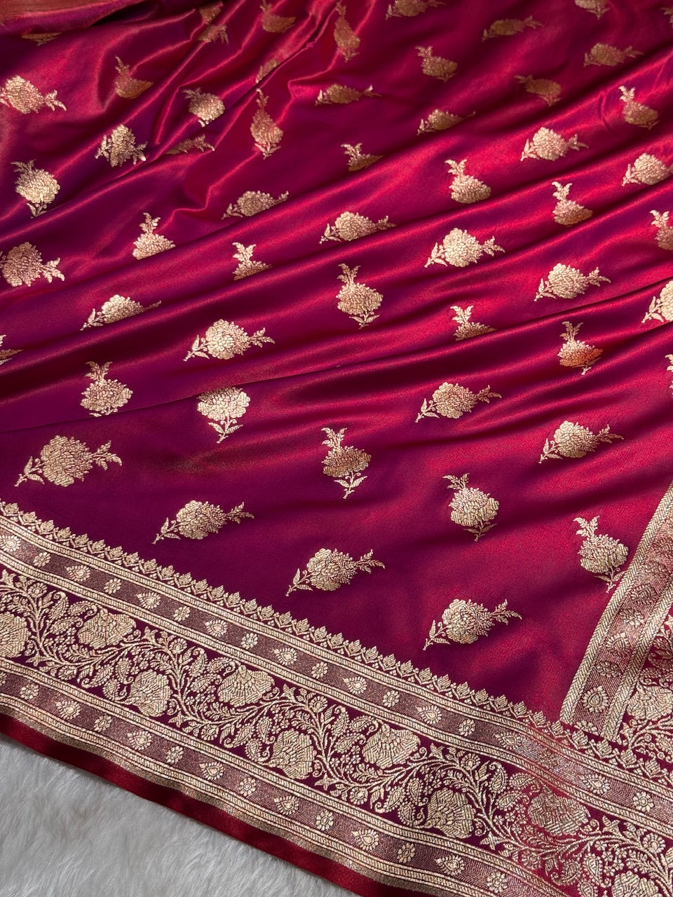 Satin Silk Saree Floral Boota in Magenta Red Shades SS26
