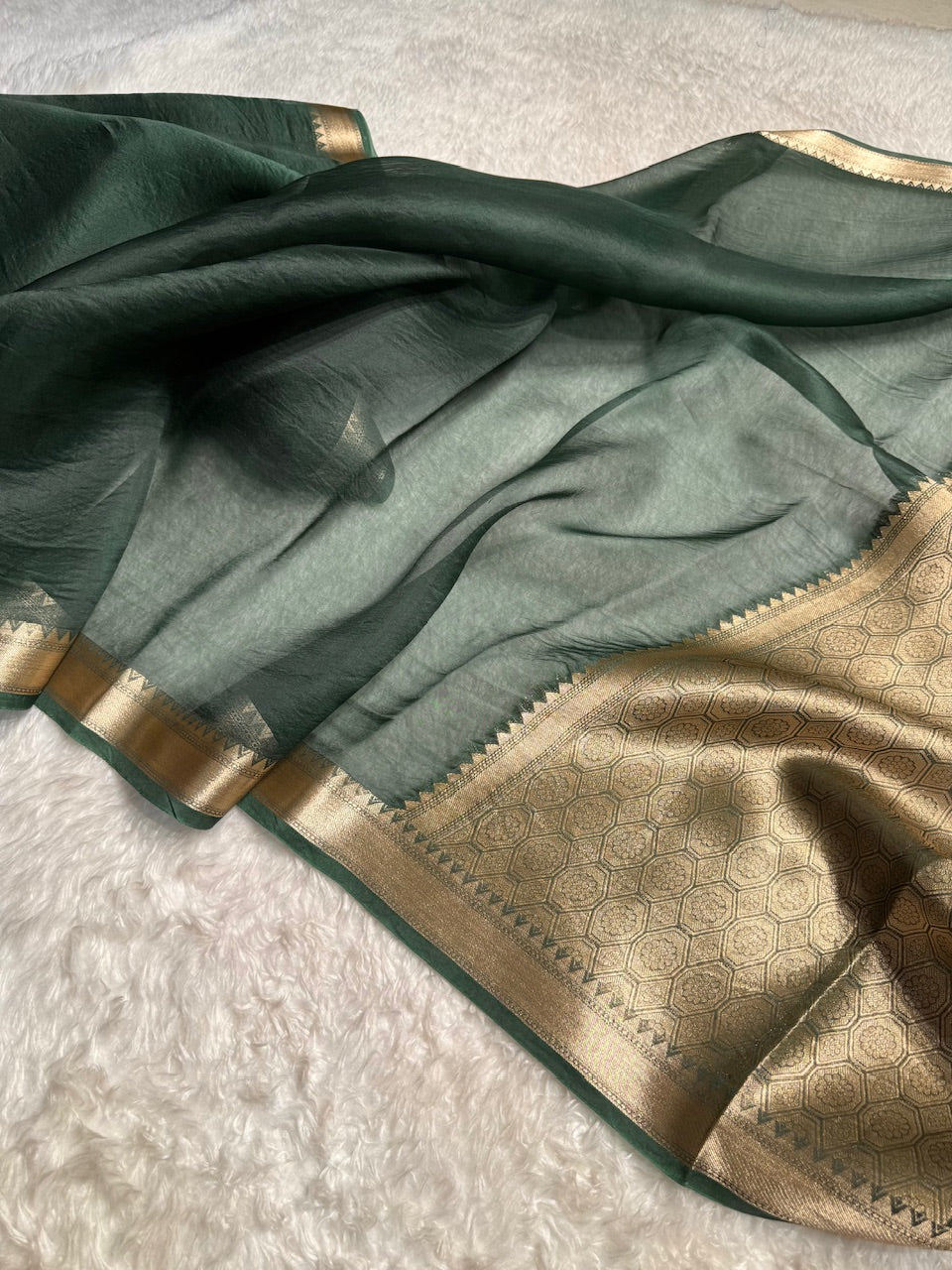 Pure Organza Bottle Green Banarasi Silk Saree