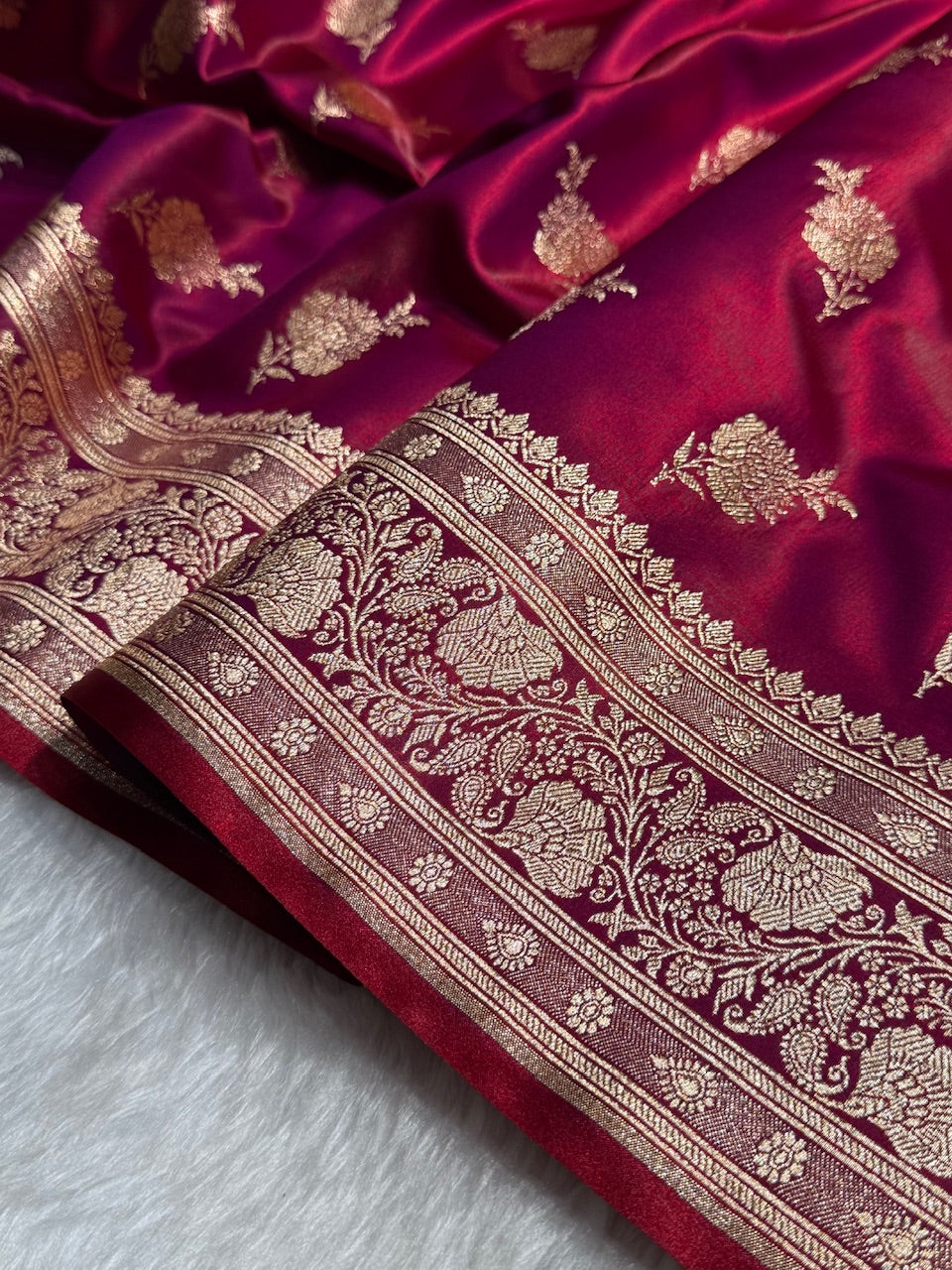 Satin Silk Saree Floral Boota in Magenta Red Shades SS26