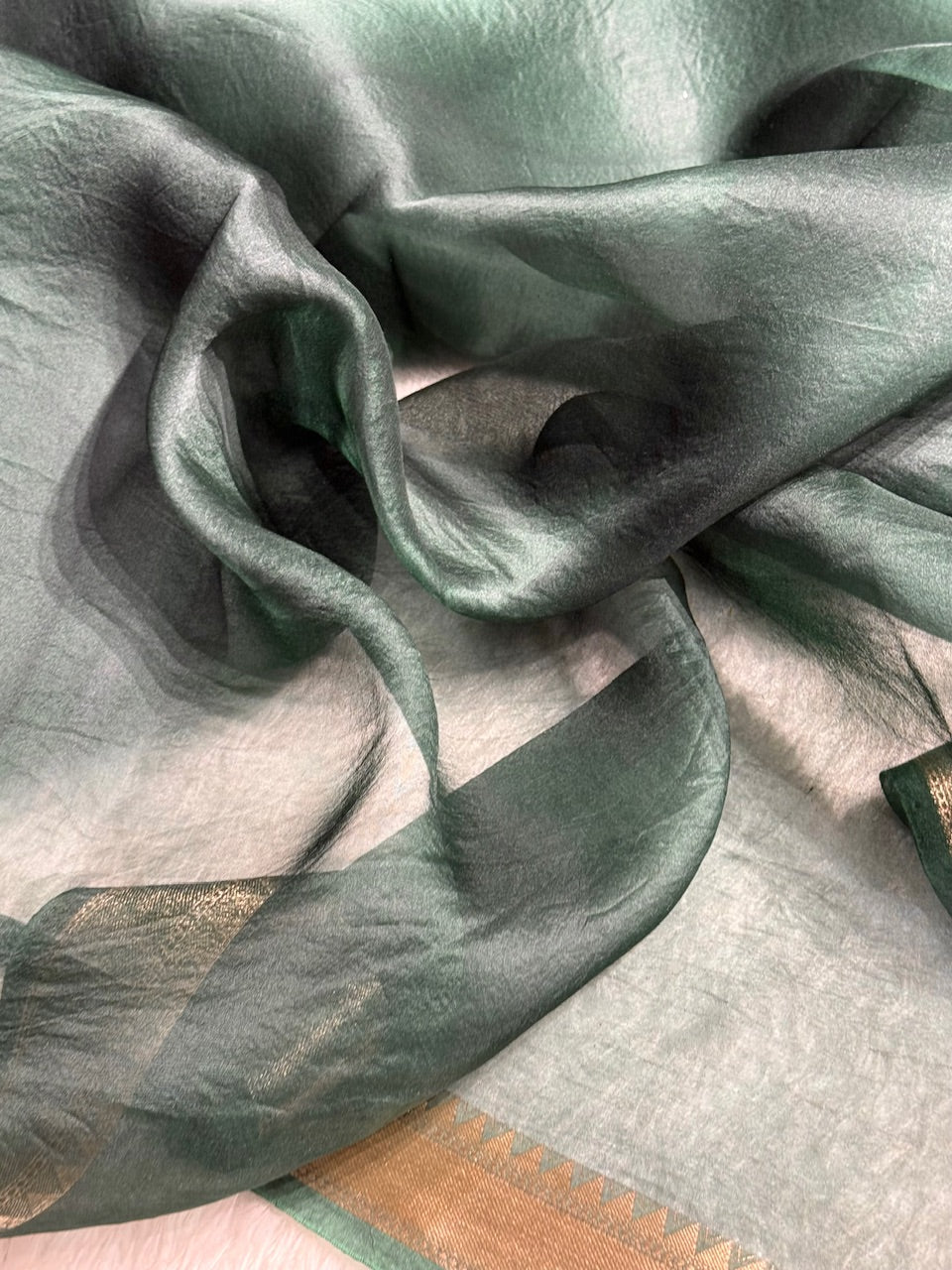 Pure Organza Bottle Green Banarasi Silk Saree