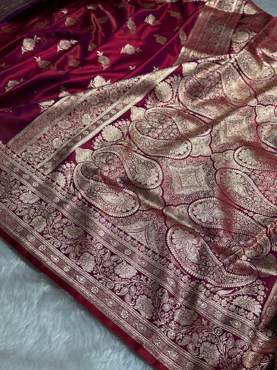 Satin Silk Saree Floral Boota in Magenta Red Shades SS26