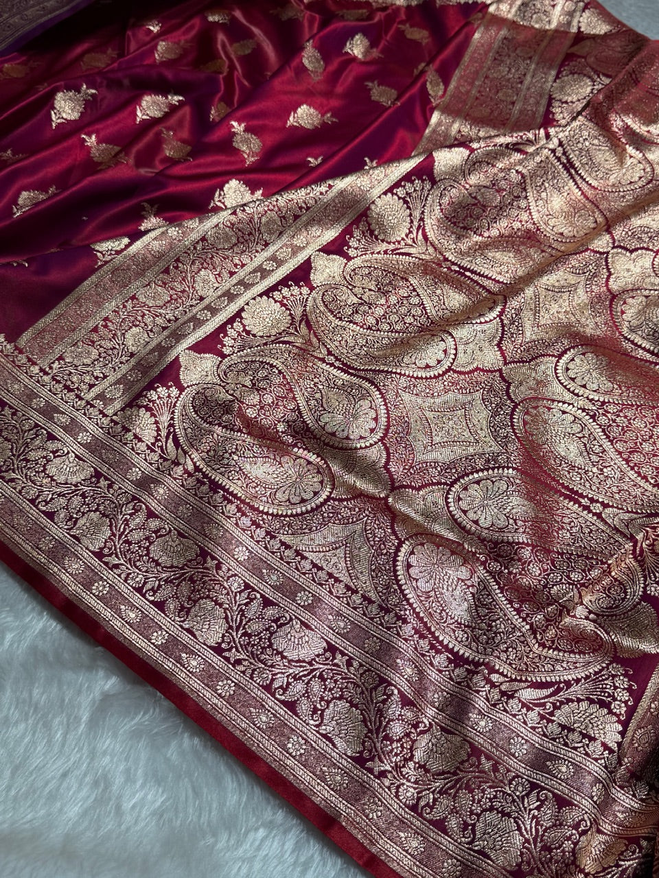 Satin Silk Saree Floral Boota in Magenta Red Shades SS26