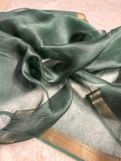 Pure Organza Bottle Green Banarasi Silk Saree