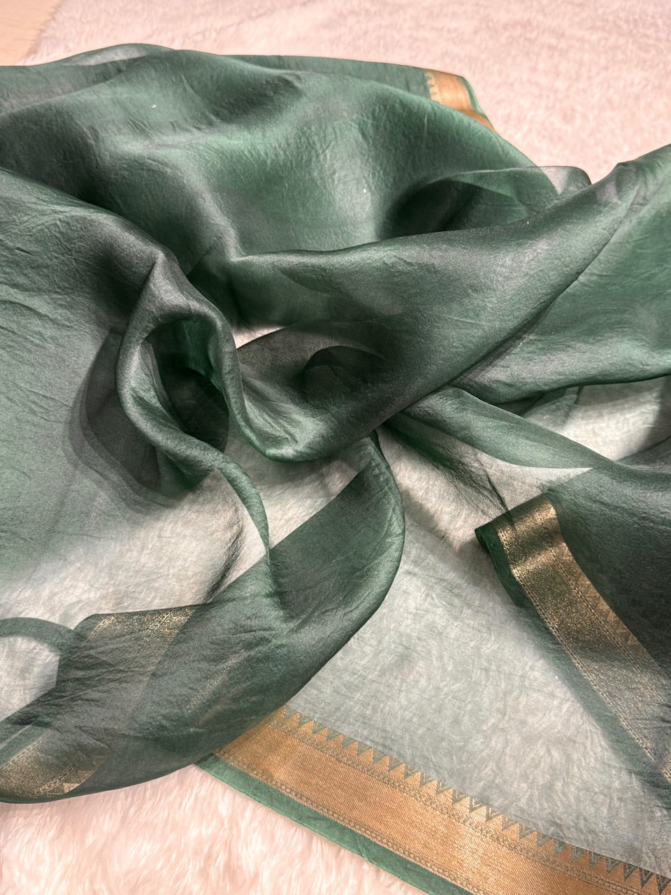 Pure Organza Bottle Green Banarasi Silk Saree