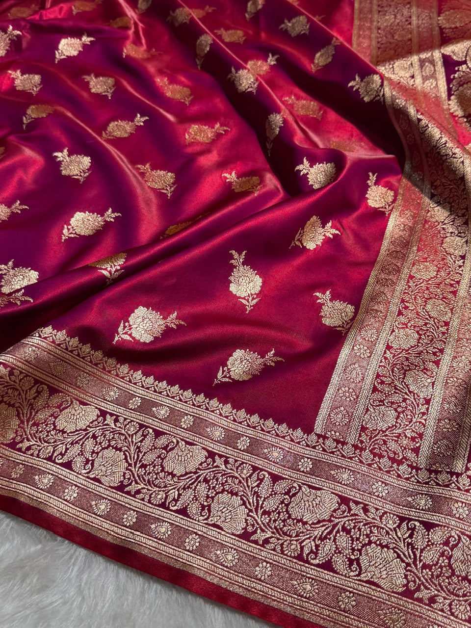 Satin Silk Saree Floral Boota in Magenta Red Shades SS26