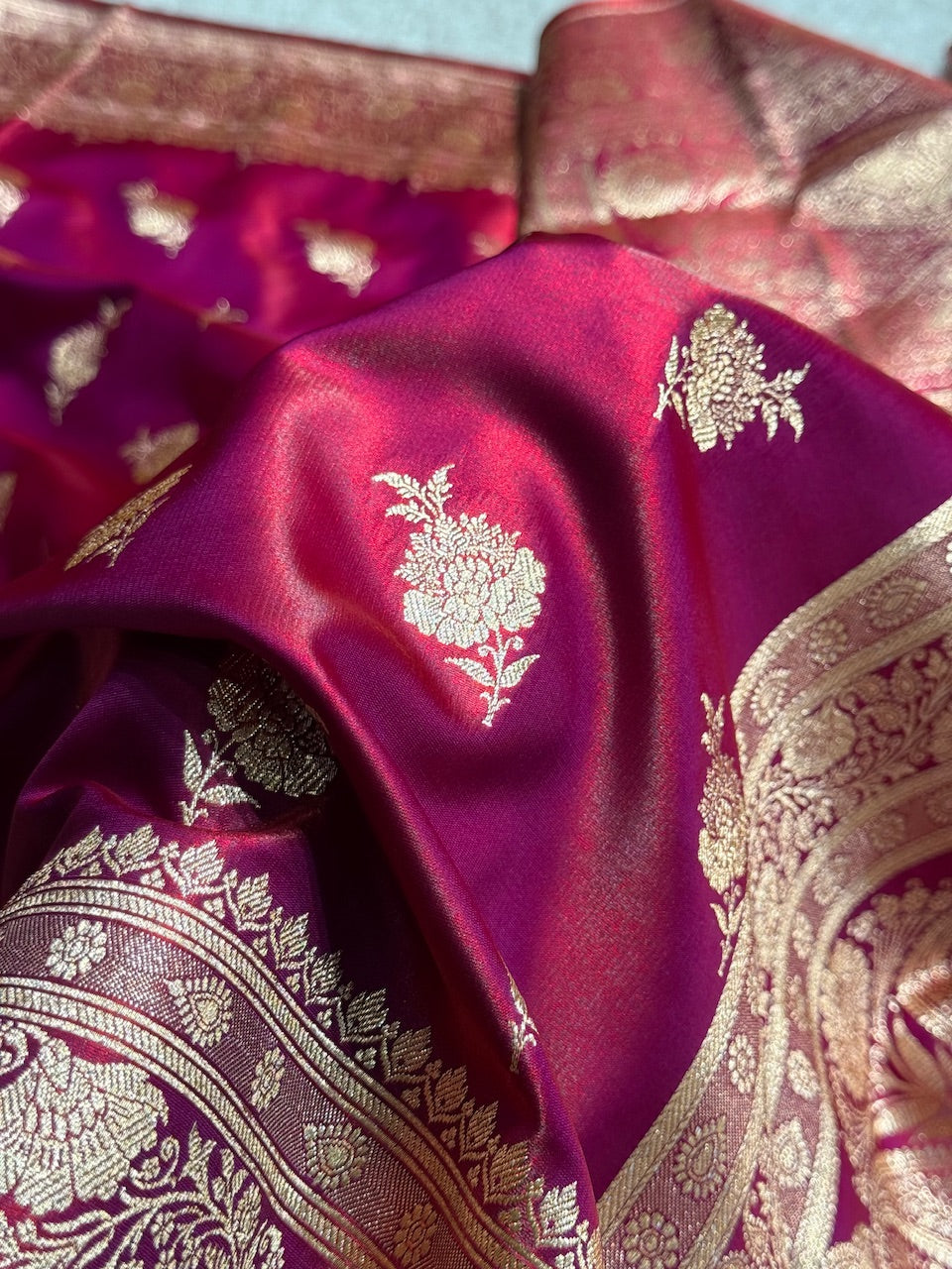Satin Silk Saree Floral Boota in Magenta Red Shades SS26