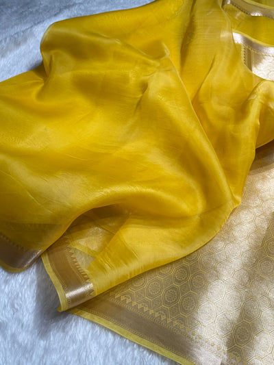 Pure Organza Yellow Banarasi Silk Saree