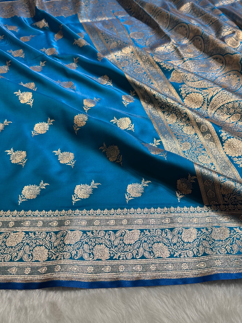 Satin Silk Saree Floral Boota in Firozy Shades SS26