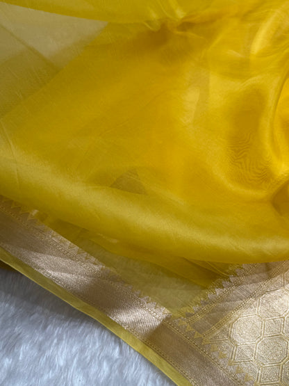 Pure Organza Yellow Banarasi Silk Saree
