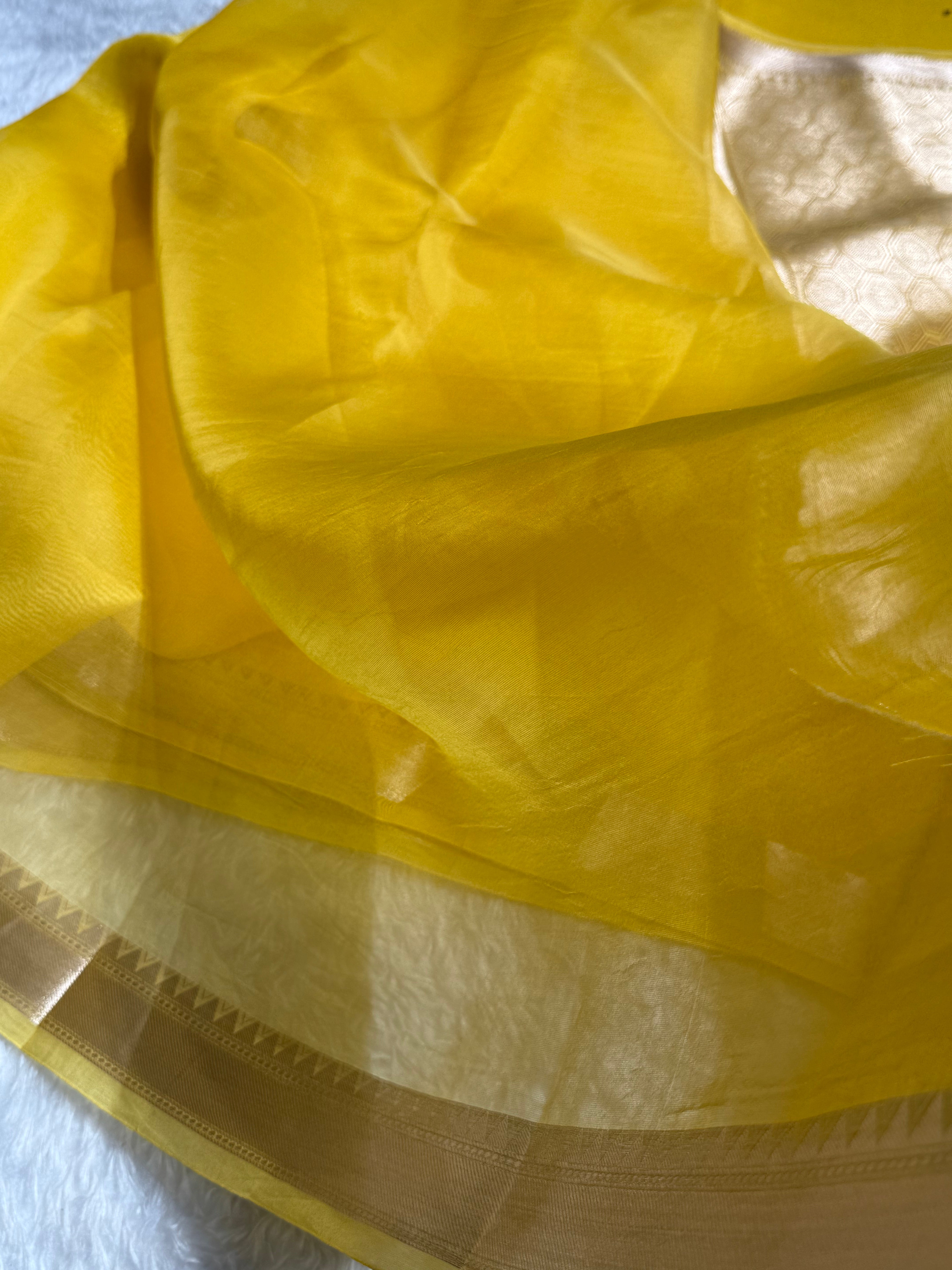Pure Organza Yellow Banarasi Silk Saree