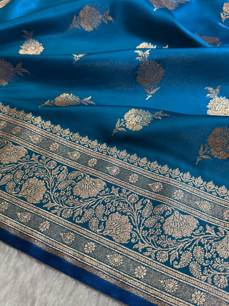 Satin Silk Saree Floral Boota in Firozy Shades SS26