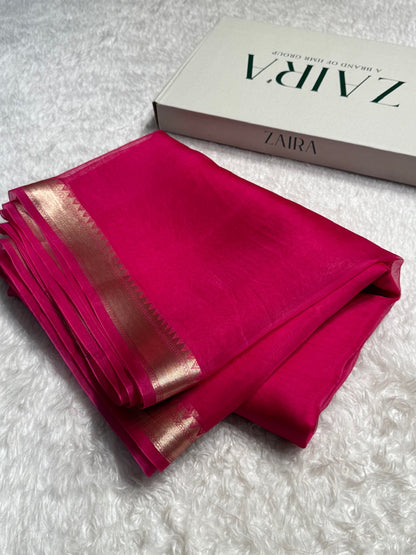 Pure Organza Dark Pink Banarasi Silk Saree