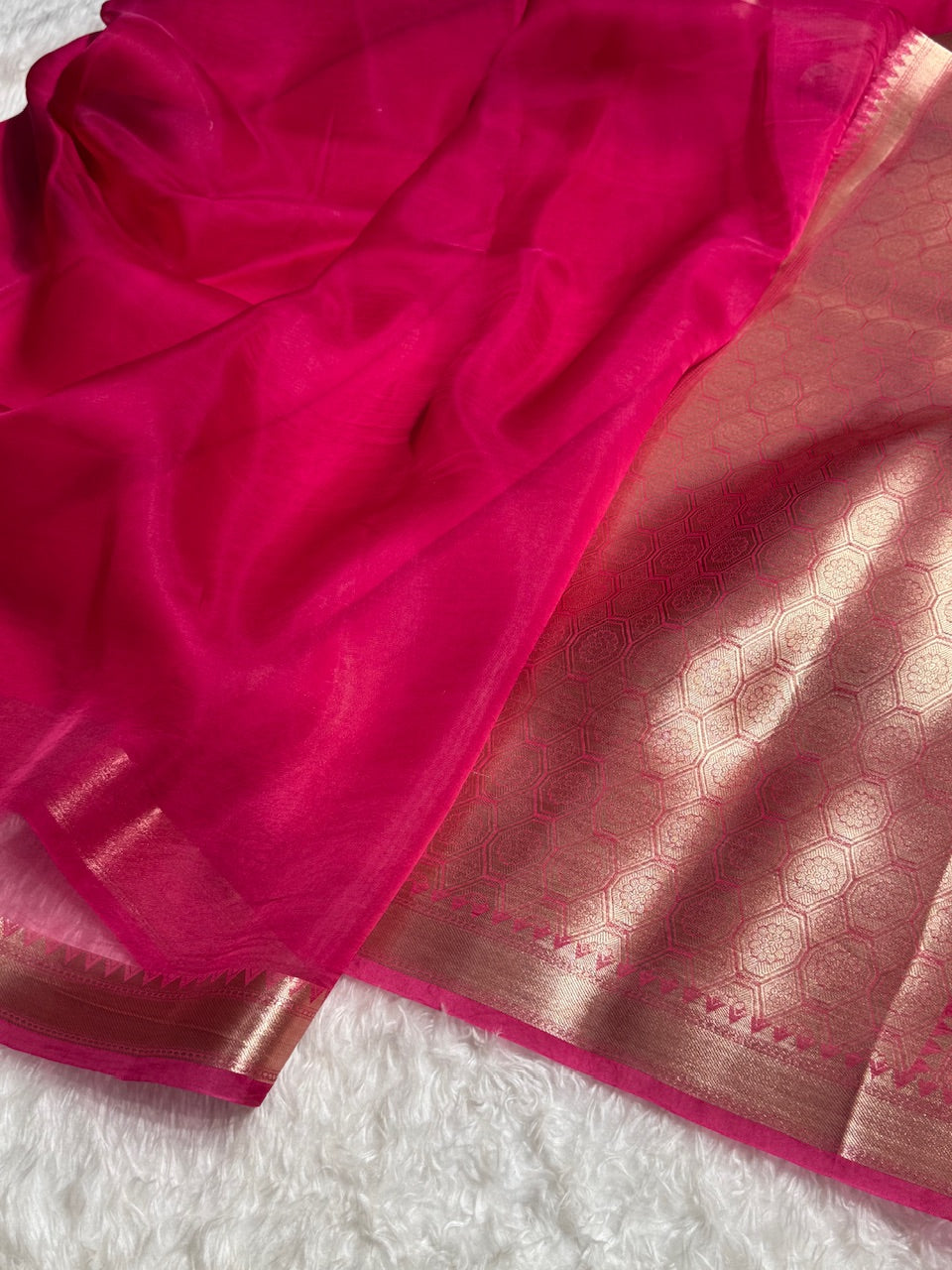 Pure Organza Dark Pink Banarasi Silk Saree