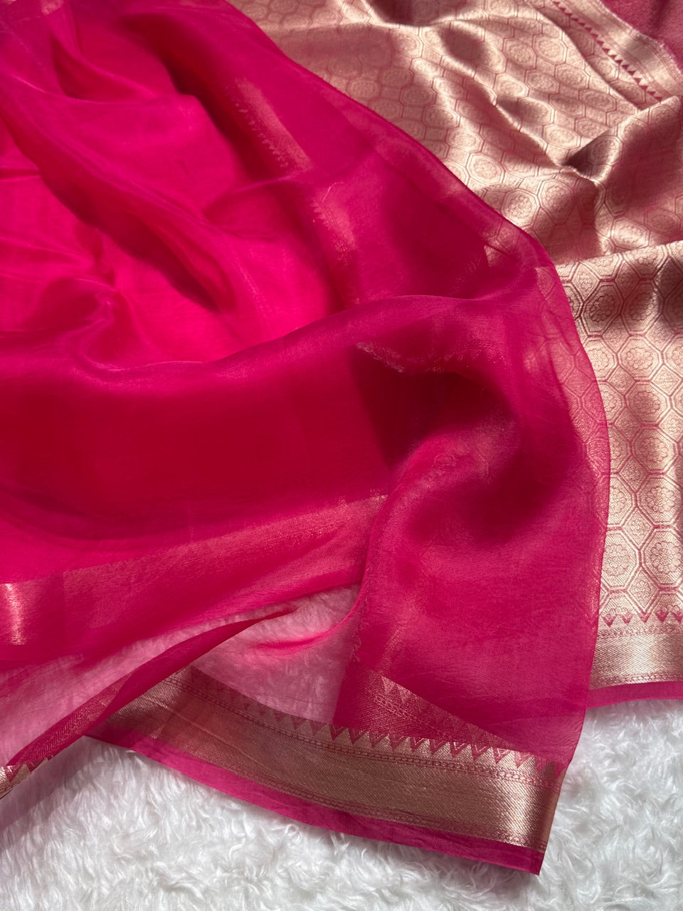 Pure Organza Dark Pink Banarasi Silk Saree