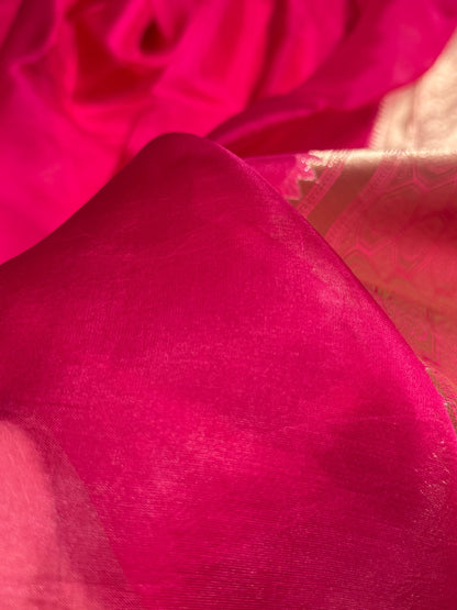 Pure Organza Dark Pink Banarasi Silk Saree