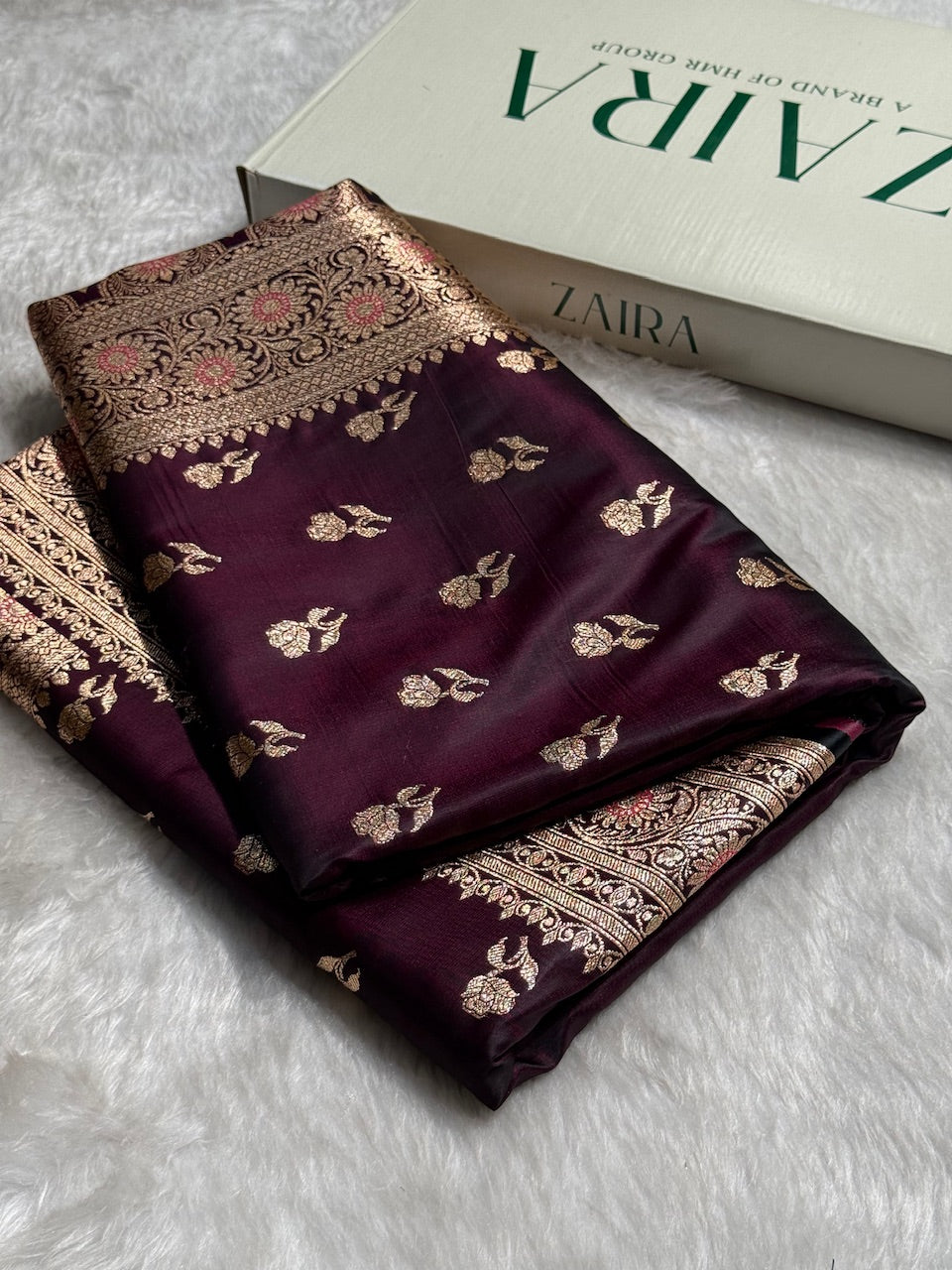 Dark Wine Floral Booti Katan Silk Saree with strip blouse SK13
