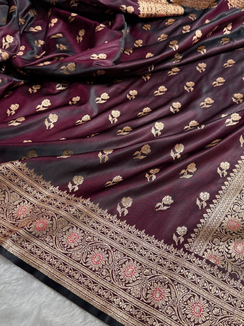 Dark Wine Floral Booti Katan Silk Saree with strip blouse SK13