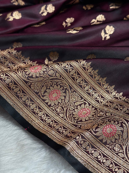 Dark Wine Floral Booti Katan Silk Saree with strip blouse SK13