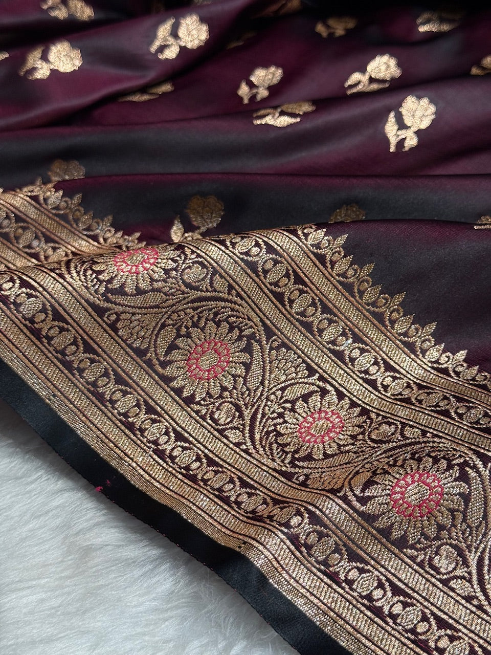 Dark Wine Floral Booti Katan Silk Saree with strip blouse SK13