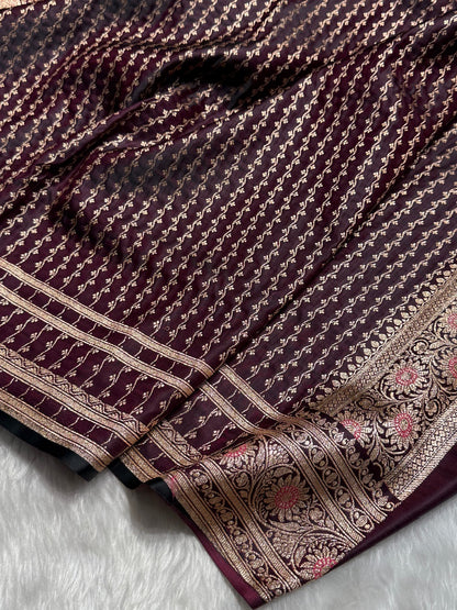 Dark Wine Floral Booti Katan Silk Saree with strip blouse SK13