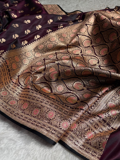 Dark Wine Floral Booti Katan Silk Saree with strip blouse SK13