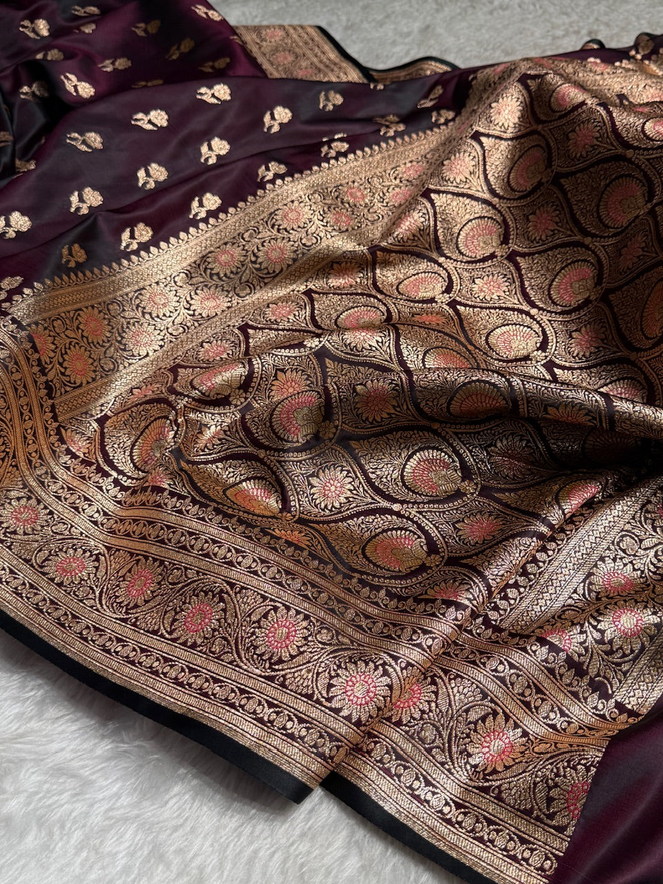 Dark Wine Floral Booti Katan Silk Saree with strip blouse SK13