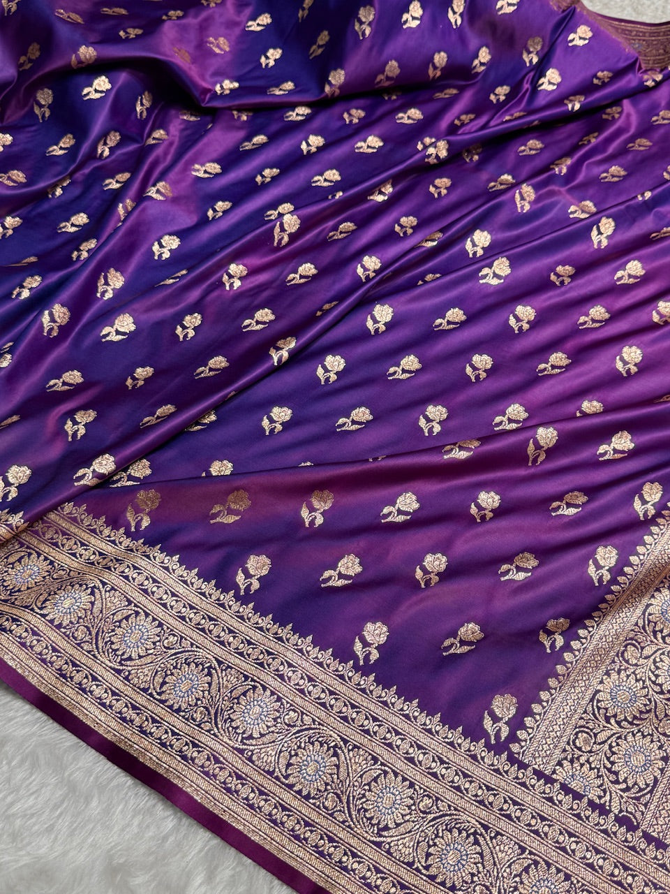Dark Purple Floral Booti Katan Silk Saree with strip blouse SK13