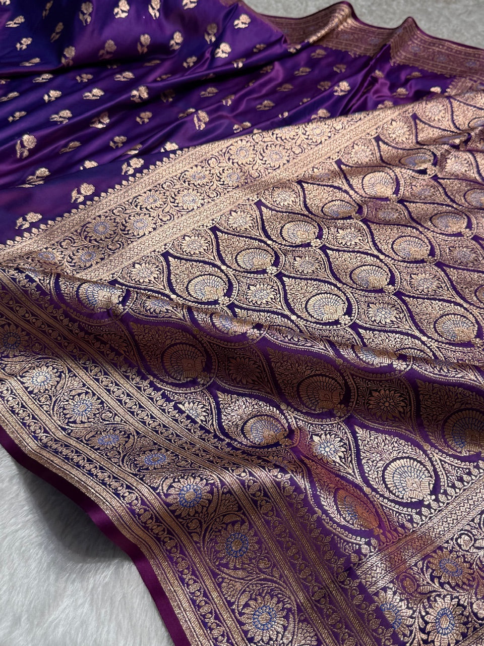 Dark Purple Floral Booti Katan Silk Saree with strip blouse SK13