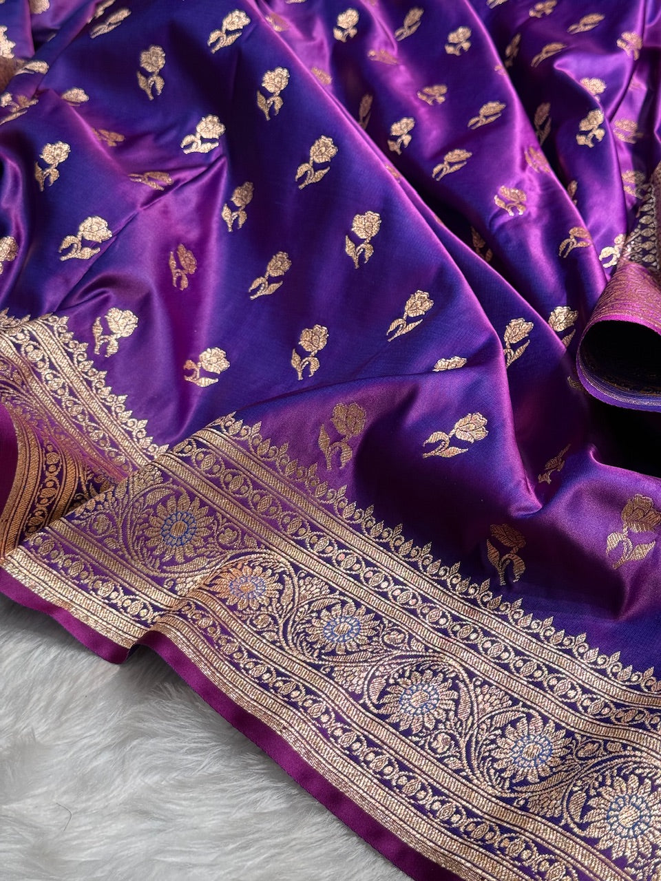 Dark Purple Floral Booti Katan Silk Saree with strip blouse SK13